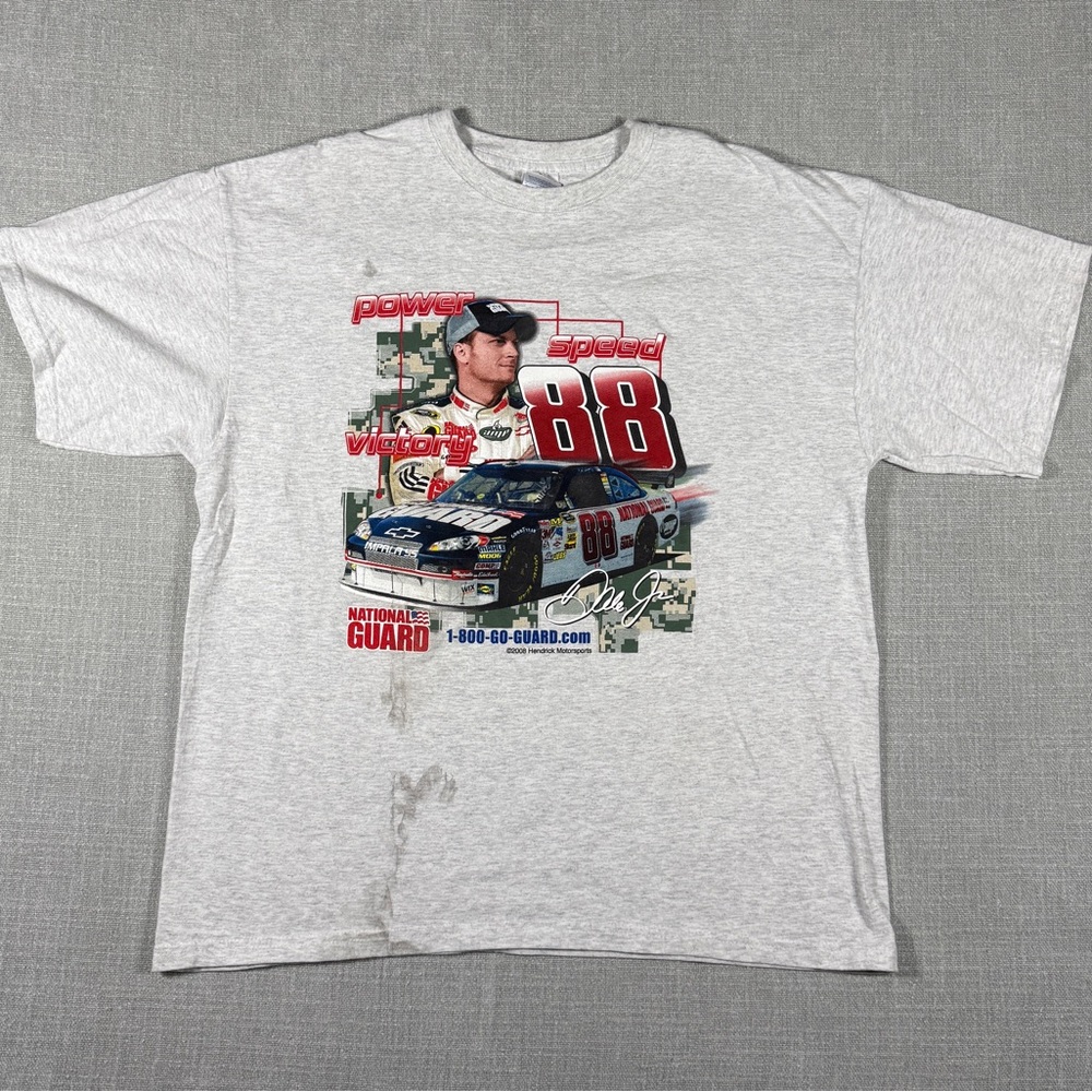 Dale Earnhardt Jr NASCAR Tee | 2008 National Guard #88 | XL | Gray | Stains  Bra